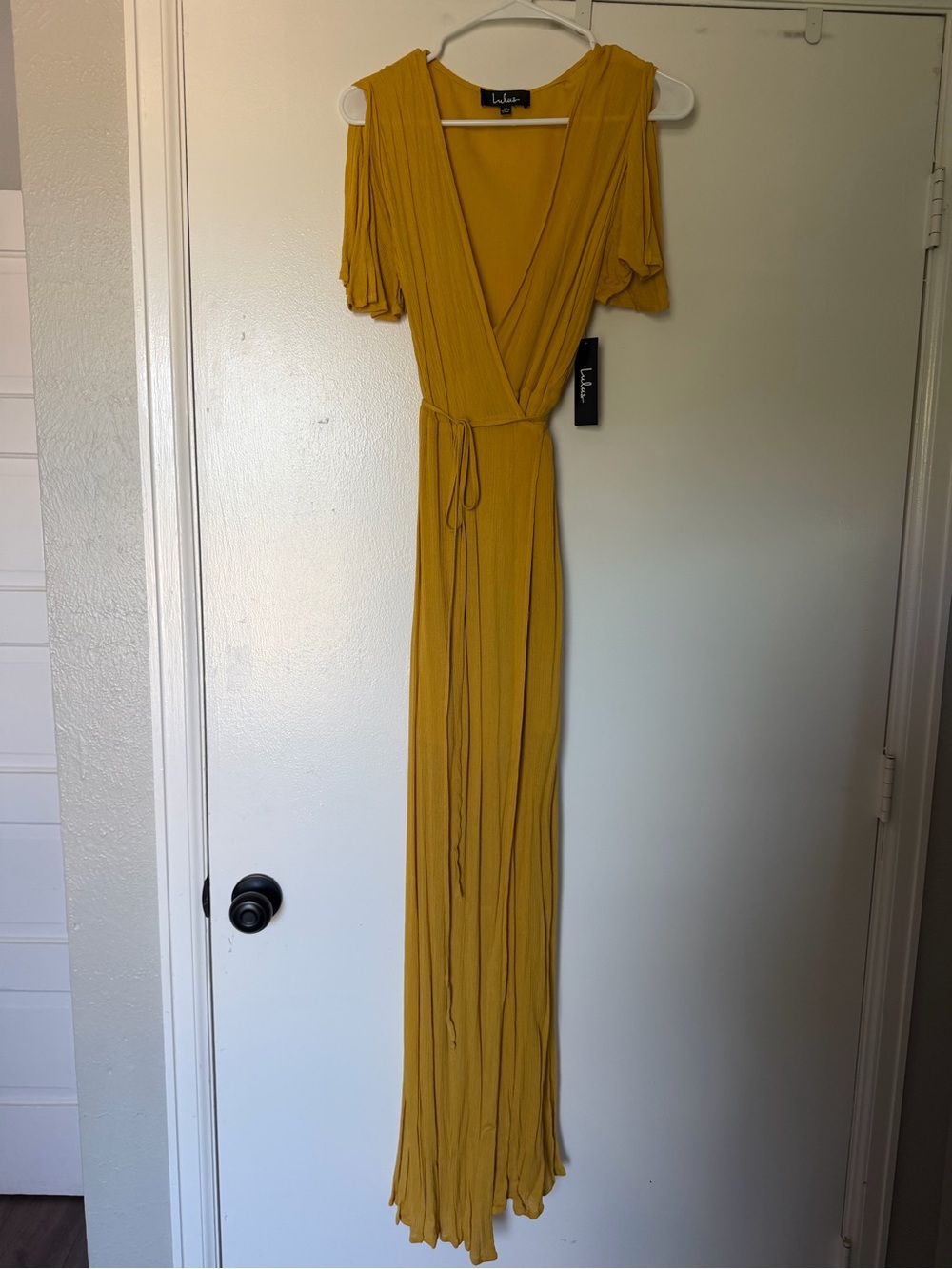 Lulu's Mustard Wrap Maxi Dress with Short Sleeves
